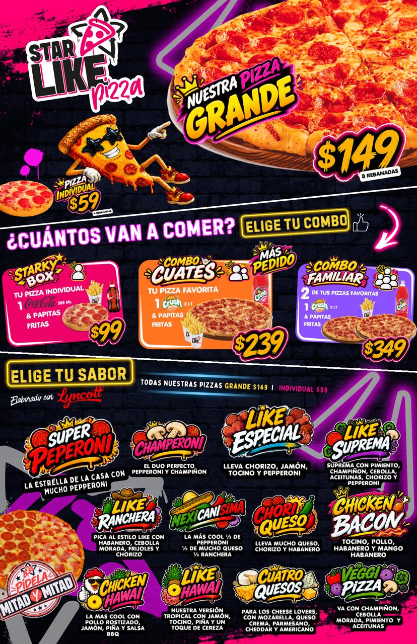 Menú oficial STARLIKE: pizzas, sabores y combos